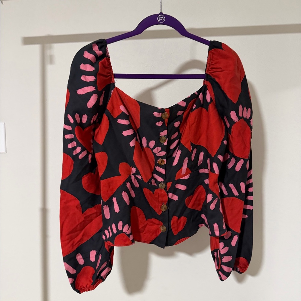 FARM Rio Red and Pink Heart Blouse Anthropologie Top Size Medium